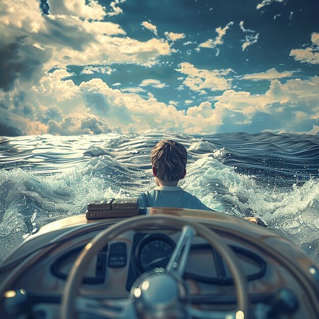 3d rendered photo of Boy Enjoy Driving A Boat In The Middle of The Sea