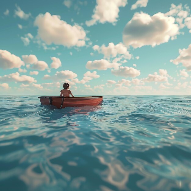 3d rendered photo of Boy Enjoy Driving A Boat In The Middle of The Sea