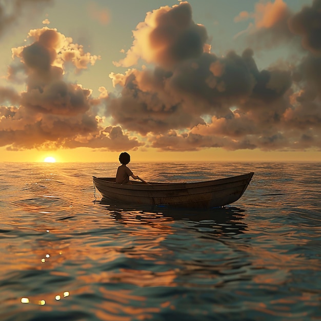 3d rendered photo of Boy Enjoy Driving A Boat In The Middle of The Sea