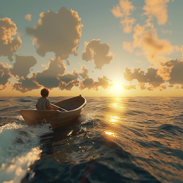 3d rendered photo of Boy Enjoy Driving A Boat In The Middle of The Sea