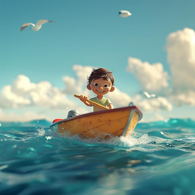 3d rendered photo of Boy Enjoy Driving A Boat In The Middle of The Sea