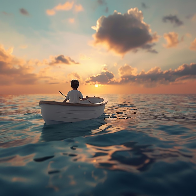 3d rendered photo of Boy Enjoy Driving A Boat In The Middle of The Sea