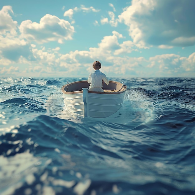 3d rendered photo of Boy Enjoy Driving A Boat In The Middle of The Sea