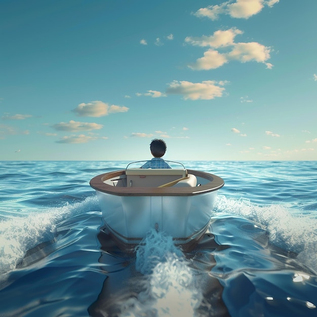 3d rendered photo of Boy Enjoy Driving A Boat In The Middle of The Sea