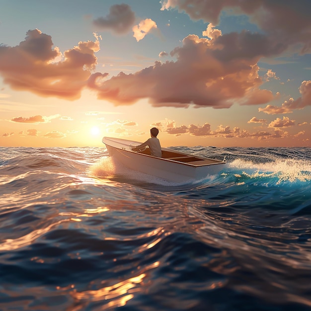 3d rendered photo of Boy Enjoy Driving A Boat In The Middle of The Sea