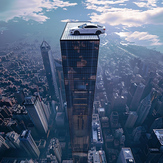 Photo 3d rendered photo of car on 100 story building and can be watch from sky and earth