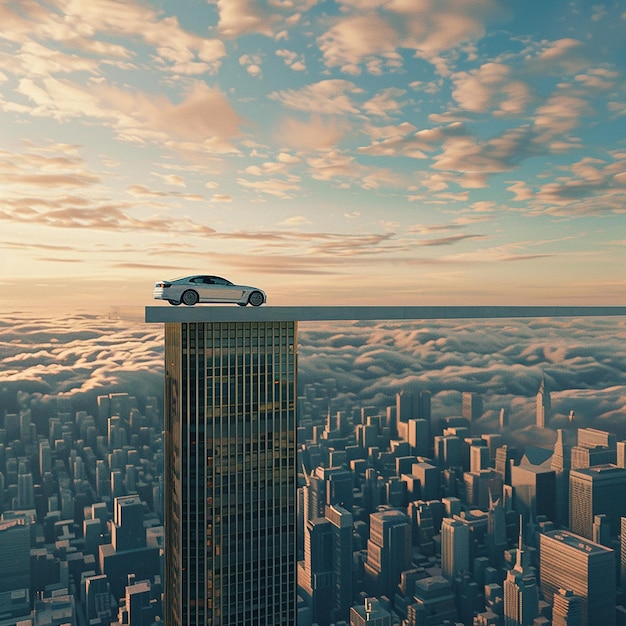 3d rendered photo of car on 100 story building and can be watch from sky and earth