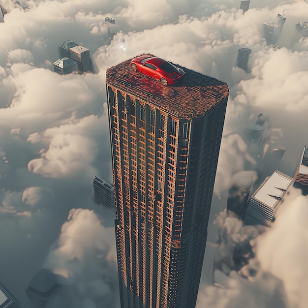 3d rendered photo of car on 100 story building and can be watch from sky and earth