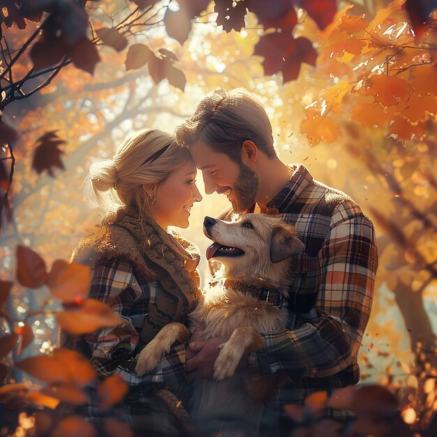 3d rendered photo of Careanimalsfamilyseason and people conceptsmiling couple with dog in autumn