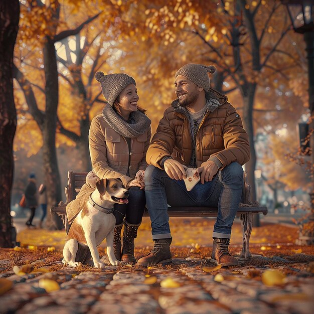 3d rendered photo of Careanimalsfamilyseason and people conceptsmiling couple with dog in autumn