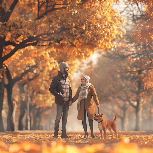 3d rendered photo of Careanimalsfamilyseason and people conceptsmiling couple with dog in autumn