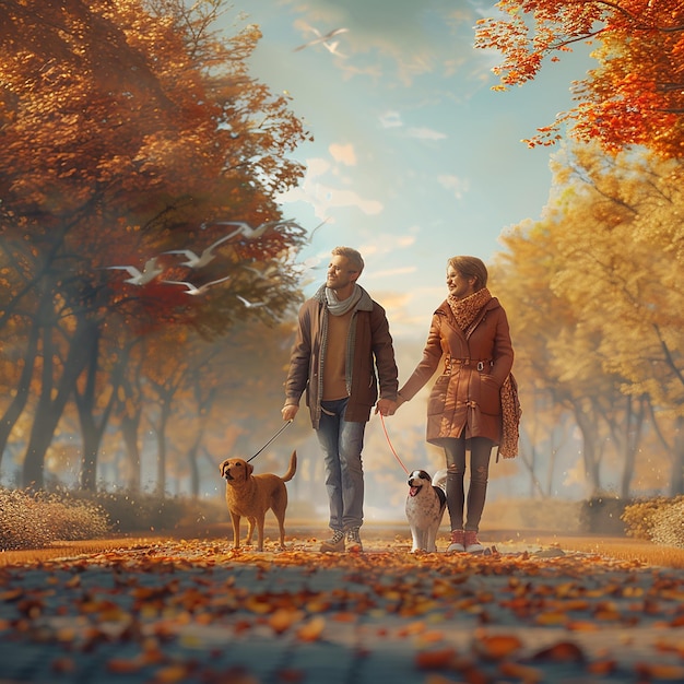 3d rendered photo of Careanimalsfamilyseason and people conceptsmiling couple with dog in autumn