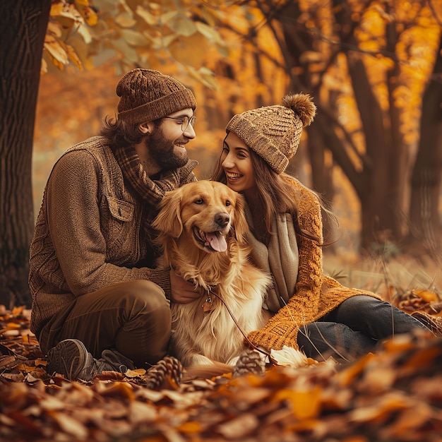 3d rendered photo of Careanimalsfamilyseason and people conceptsmiling couple with dog in autumn