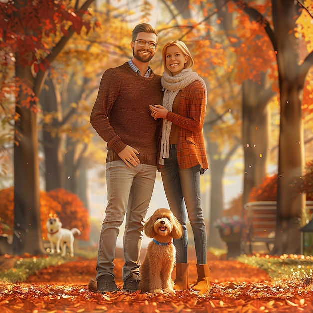 3d rendered photo of Careanimalsfamilyseason and people conceptsmiling couple with dog in autumn