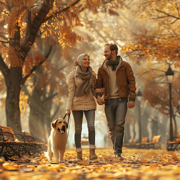 3d rendered photo of Careanimalsfamilyseason and people conceptsmiling couple with dog in autumn