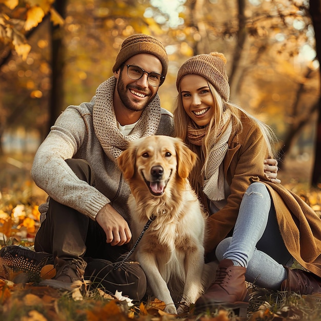 3d rendered photo of Careanimalsfamilyseason and people conceptsmiling couple with dog in autumn