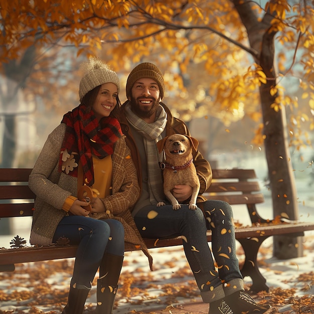 3d rendered photo of Careanimalsfamilyseason and people conceptsmiling couple with dog in autumn