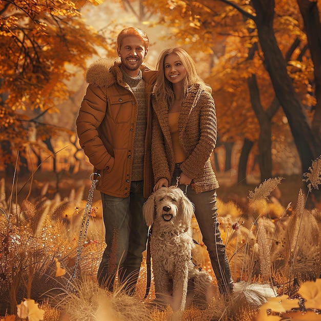 3d rendered photo of Careanimalsfamilyseason and people conceptsmiling couple with dog in autumn