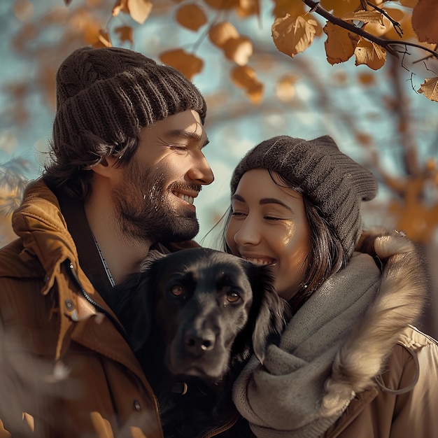 3d rendered photo of Careanimalsfamilyseason and people conceptsmiling couple with dog in autumn