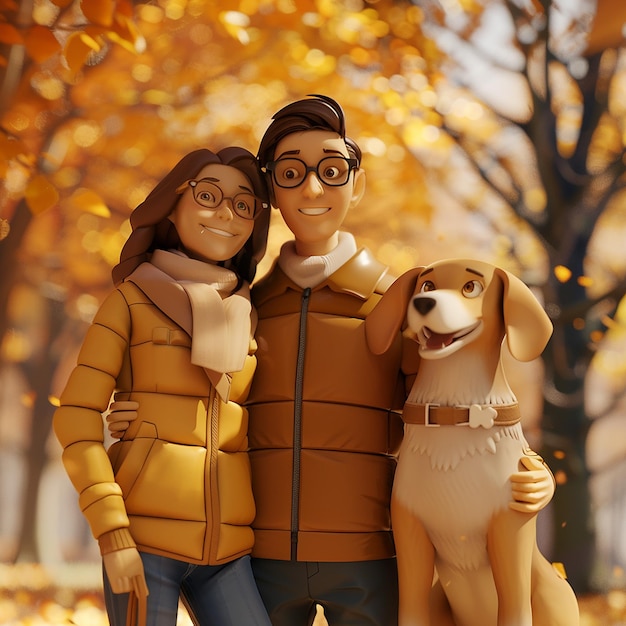 3d rendered photo of Careanimalsfamilyseason and people conceptsmiling couple with dog in autumn