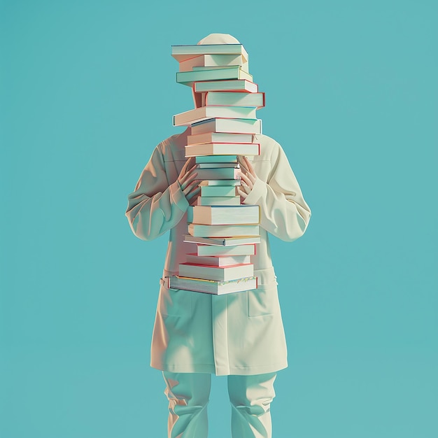 3d rendered photo of a cartoon figure stands in front of a stack of books