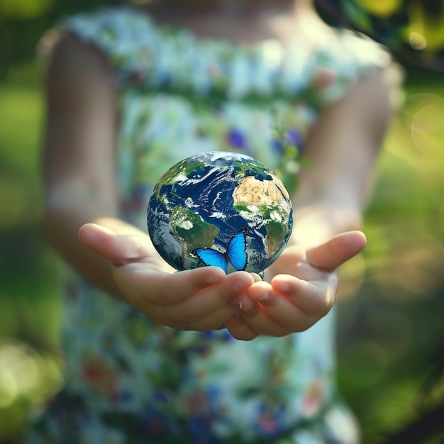 3d rendered photo of Child holding earth planet with blue butterfly in hands against green spring ba