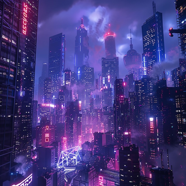 3d rendered photo of a city skyline with a rainbow of lights and a city in the background