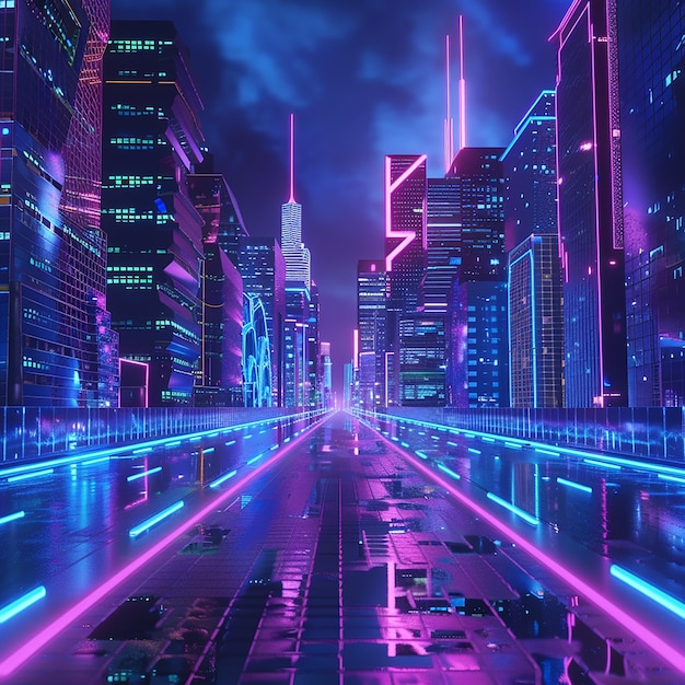 3d rendered photo of a city street with neon signs and a cityscape in the background