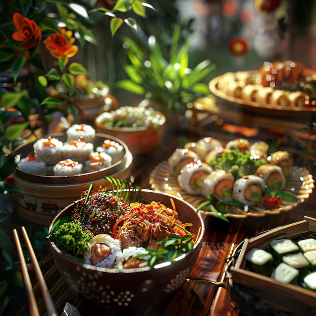 Photo 3d rendered photo of close up on delicious asian food