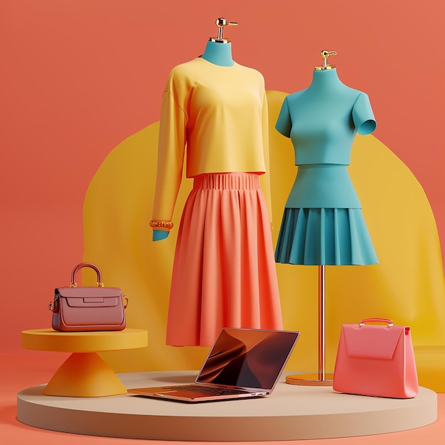 3d rendered photo of clothing ads with laptop