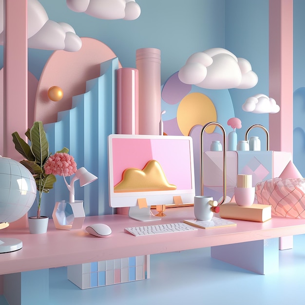 Photo 3d rendered photo of colorful room with a computer and a pink chair