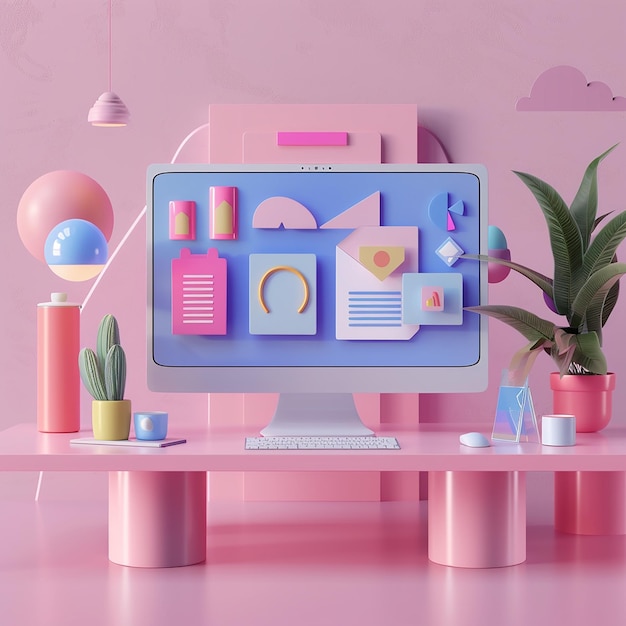 3d rendered photo of colorful room with a computer and a pink chair