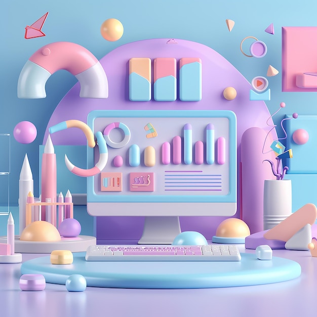 3d rendered photo of colorful room with a computer and a pink chair