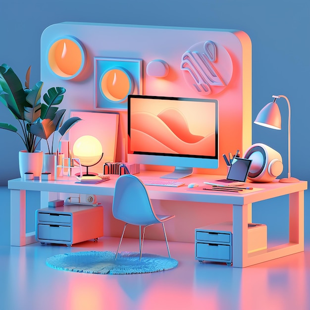 3d rendered photo of colorful room with a computer and a pink chair