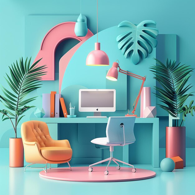 3d rendered photo of colorful room with a computer and a pink chair