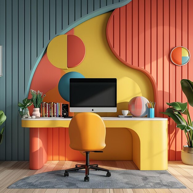 3d rendered photo of colorful room with a computer and a pink chair