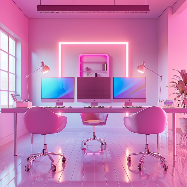 3d rendered photo of colorful room with a computer and a pink chair