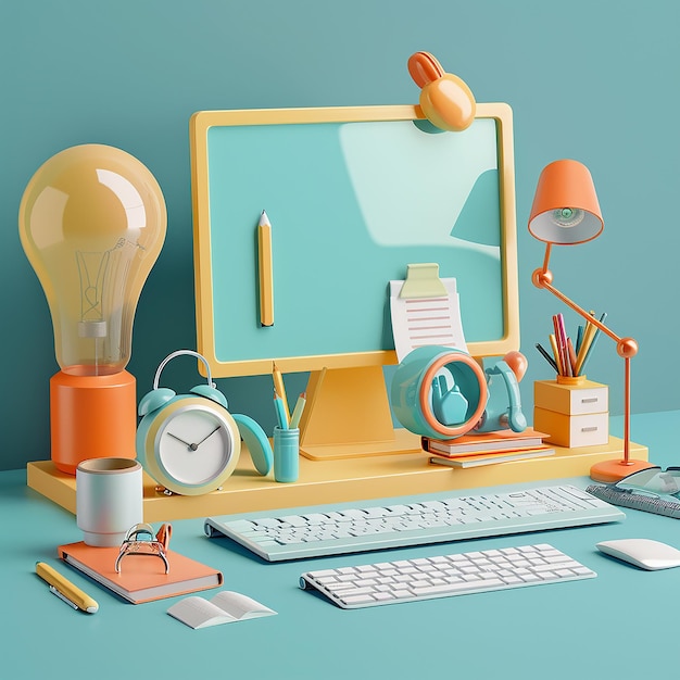 3d rendered photo of a computer screen with a pencil and a book on it