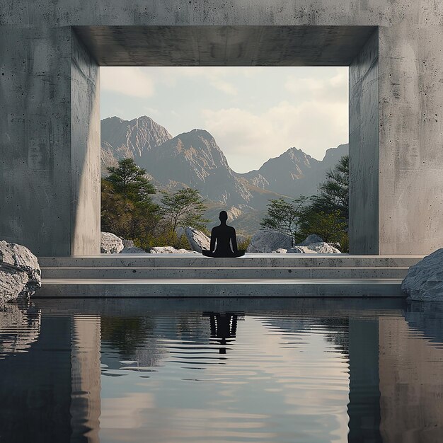 Photo 3d rendered photo of create a design of a person meditating in a peaceful natural environment