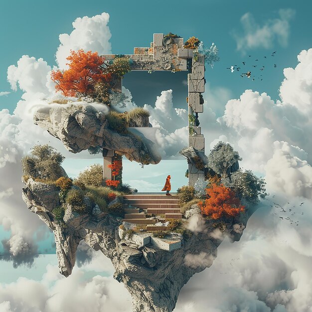 Photo 3d rendered photo of create a surreal scene combine elements from different photos