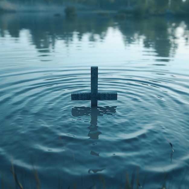 Photo 3d rendered photo of a cross in the water with mountains in the background