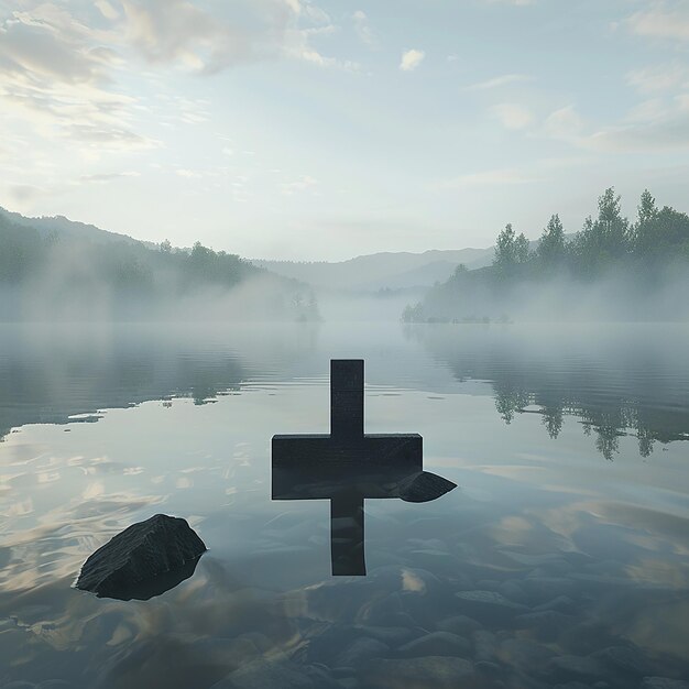 Photo 3d rendered photo of a cross in the water with mountains in the background