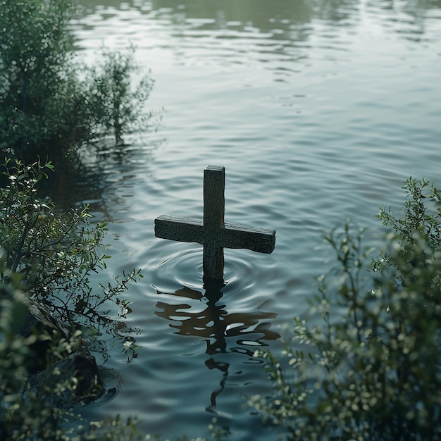 Photo 3d rendered photo of a cross in the water with mountains in the background