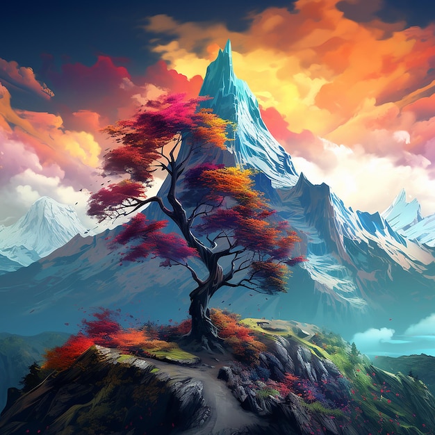 3d rendered photo of A digital painting of a mountain with a colorful tree in the foreground