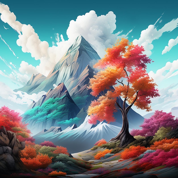 3d rendered photo of A digital painting of a mountain with a colorful tree in the foreground