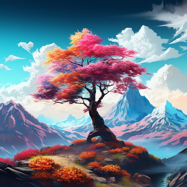 3d rendered photo of A digital painting of a mountain with a colorful tree in the foreground