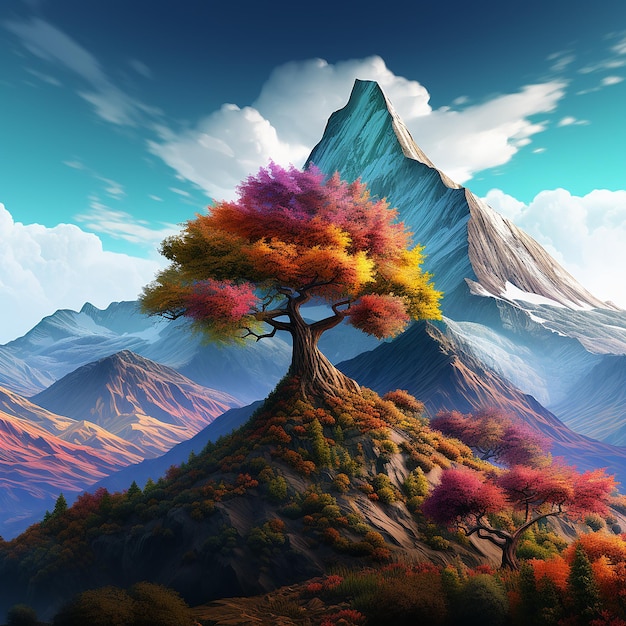 3d rendered photo of A digital painting of a mountain with a colorful tree in the foreground