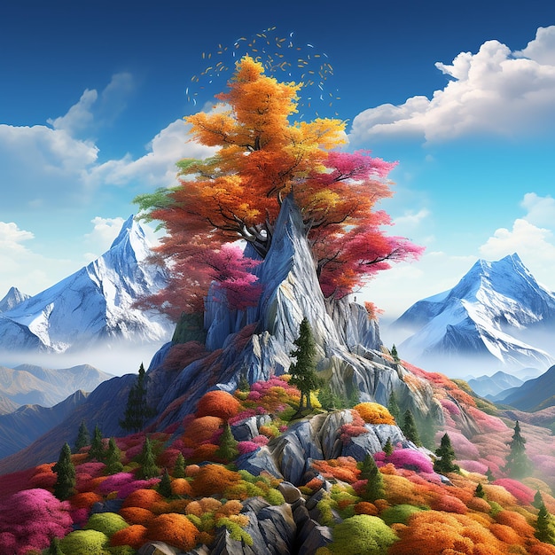 3d rendered photo of A digital painting of a mountain with a colorful tree in the foreground