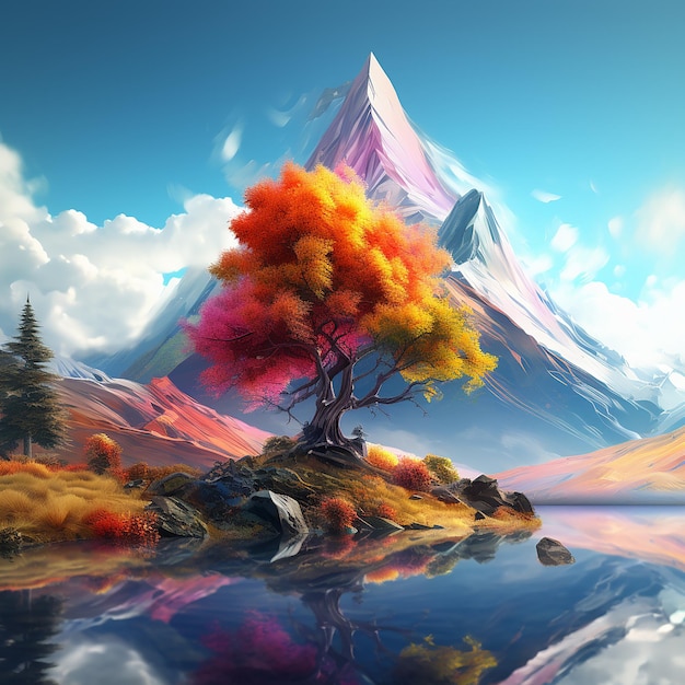 3d rendered photo of A digital painting of a mountain with a colorful tree in the foreground