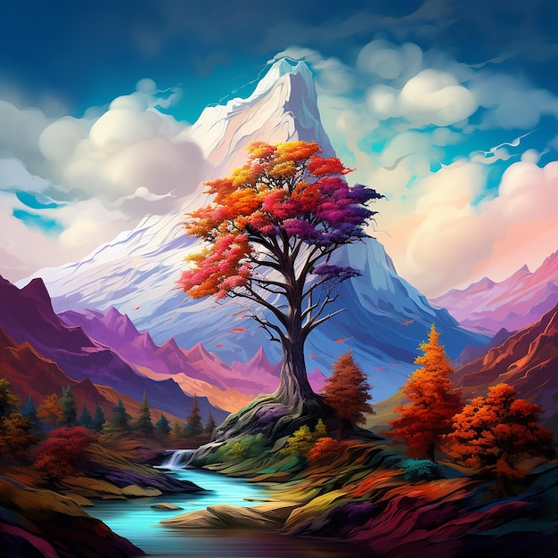 3d rendered photo of A digital painting of a mountain with a colorful tree in the foreground